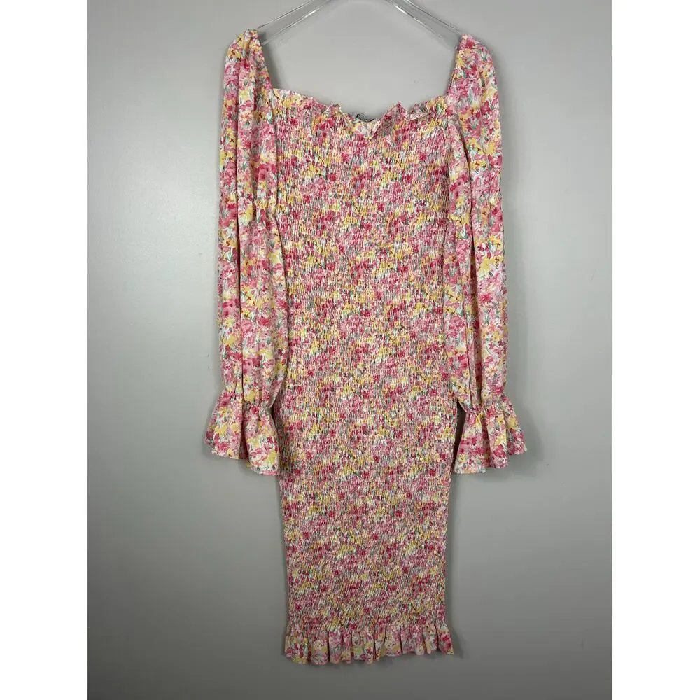 SNDYS Revolve Courtney Floral Smocked Midi Dress Pink 6 Wedding Guest Coquette - Picture 8 of 8